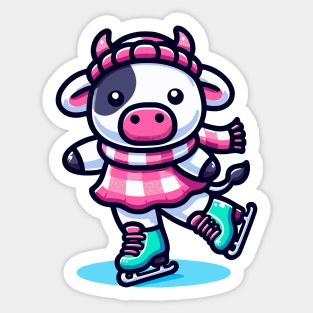 Ice Skating Cow Kawaii Style Sticker